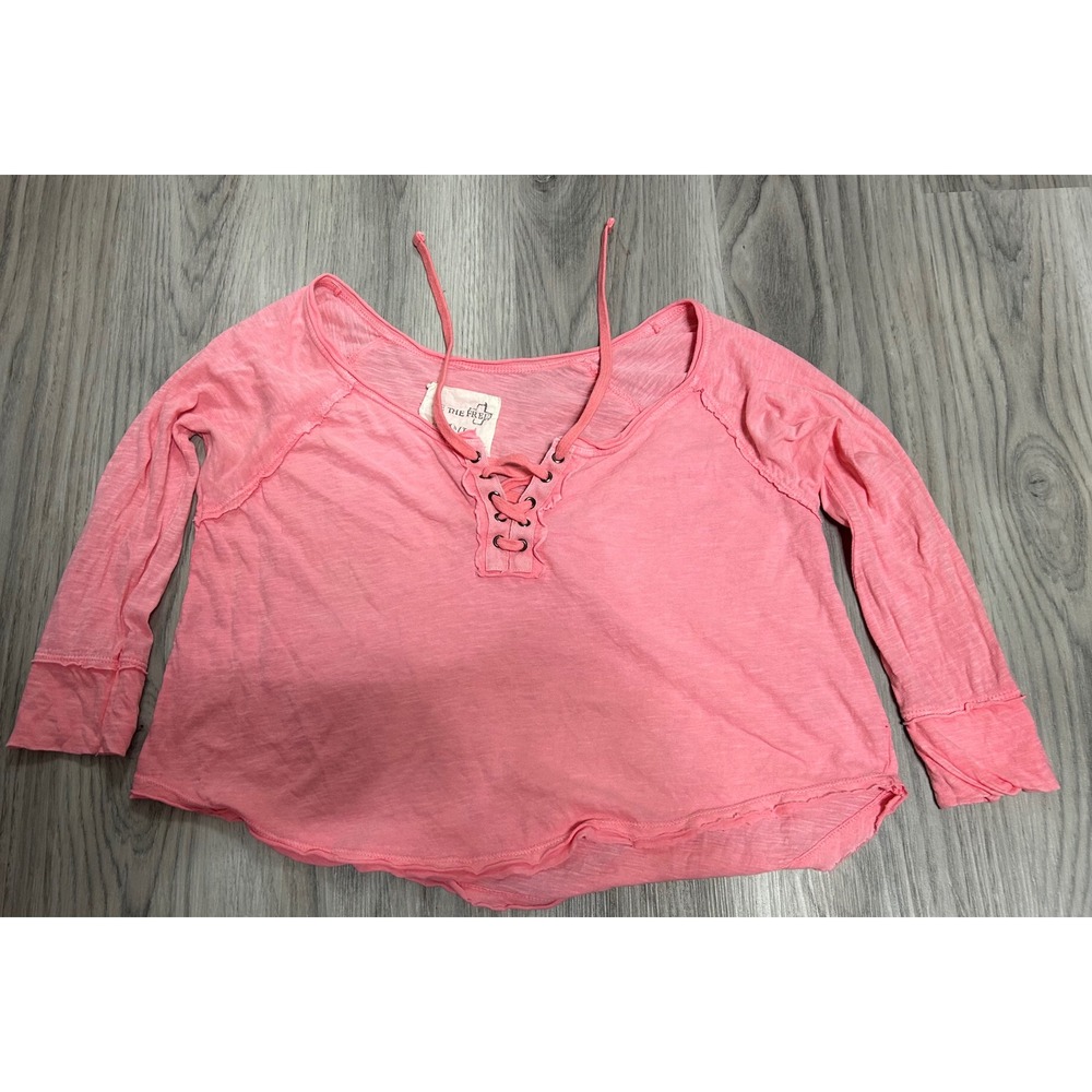 We The Free Free People Pink Lace Up V-Neck Long Sleeve Slub Cotton Top XS‎